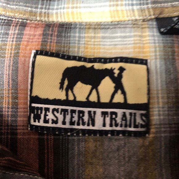 Western Trails Brown Plaid Shirt Mens Size XL Pearl Snaps Cotton Long Sleeve - Picture 5 of 7